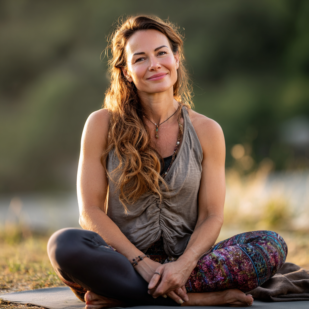 Българска двойка от средна възраст практикува дихателни упражнения йога на открито в парк